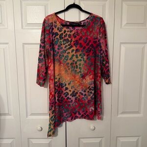 Attitudes By Renee Tunic Top Womens 1X Multicolor Animal Print Asymmetrical Boho